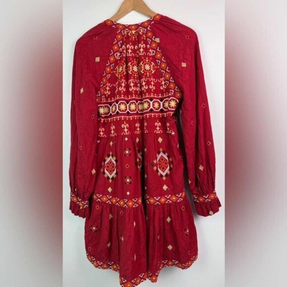 ANTHROPOLOGIE Niamh Red Multi Embroidered Mini Dress Tunic Boho Aztec Chic Sz XS - Picture 8 of 14